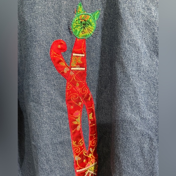 Vintage Tantrums Cats Blue Red Artistic Embroidered Unique Jean Jacket - Picture 5 of 5